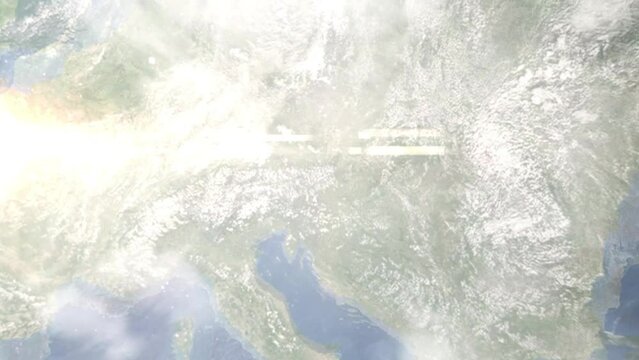 Zoom in from space and focus on Bruck an der Mur, Austria. 3D Animation. Background for travel intro. Elements of this image furnished by NASA	