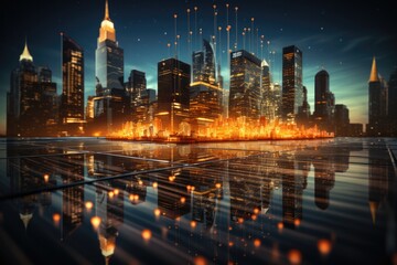 Double exposure of business chart and cityscape background 