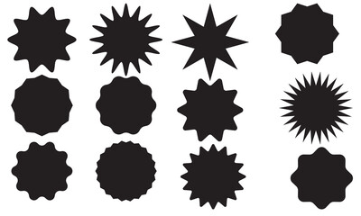 12Set of black price sticker, sale or discount sticker, sunburst badges icon. Stars shape with different number of rays. Special offer price tag. Red starburst promotional badge set, shopping labels
