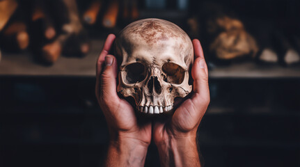Human Skull held in two hands. Concept of death and mortality. Shallow field of view. - obrazy, fototapety, plakaty