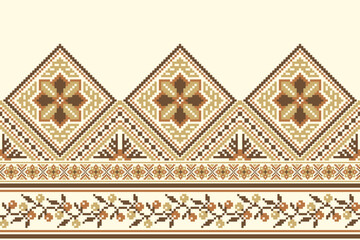 flower embroidery on cream background. ikat and cross stitch geometric seamless pattern ethnic oriental traditional. Aztec style illustration design for carpet, wallpaper, clothing, wrapping, batik.