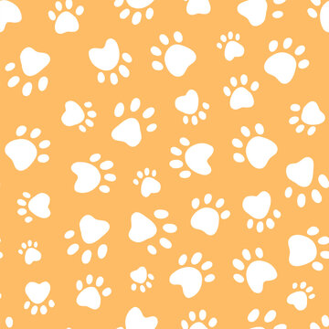 Pets paw prints seamless pattern on yelow background for wallaper, textile prints, pet shop packaging, backgrounds, etc. EPS 10