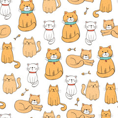 cats seamless pattern with doodle pets on white background for wallpaper, prints, cards, textile, banners, pet shop decor, veterenary, etc. EPS 10