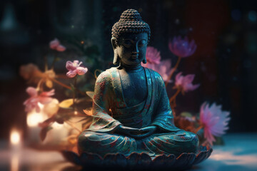 Buddha statuette and Lotus Flowers. Buddha Purnima, Vesak day background