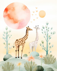 Watercolor illustration of two giraffes in the forest. Cute cartoon animals.