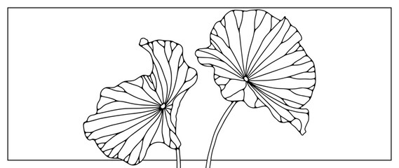 Black outline of two water lily leaves on a white background. Silhouettes of plants for coloring pages, publications in books and magazines.