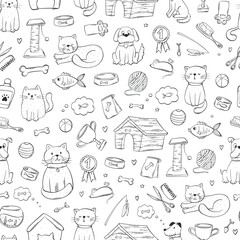 Pet shop doodles, pets toys seamless pattern with cartoon elements for wallpaper, scrapbooking, wrapping paper, decor, packaging, stationary, etc. EPS 10