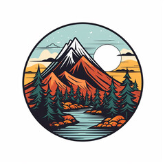 Mountain landscape with lake and forest. Vector illustration in retro style.