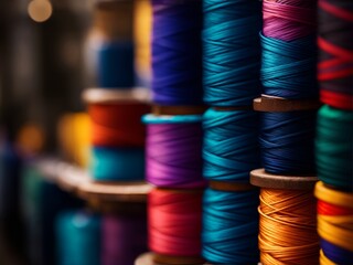 Close-up of colorful spools of sewing thread for the textile industry or fashion house or craft store background with copy space - obrazy, fototapety, plakaty