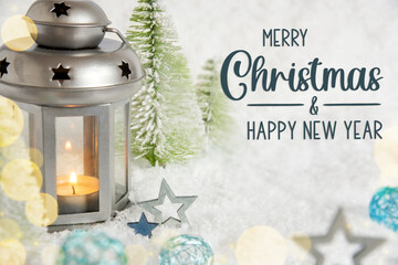 Text Merry Christmas And Happy New Year, Christmas Lantern In The Snow