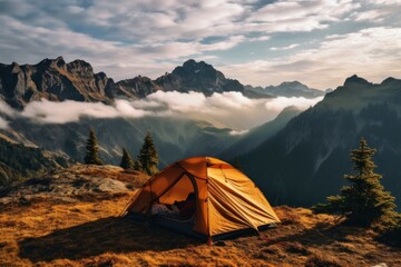 Cozy Tent camping at autumn camp. Nature camp. Generate Ai
