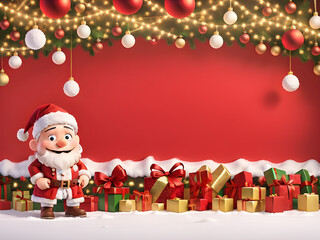 santa claus with gifts, red banner