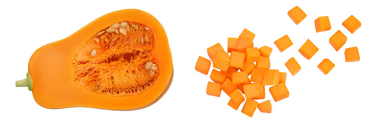 butternut squash half isolated on white background with full depth of field. Top view. Flat lay