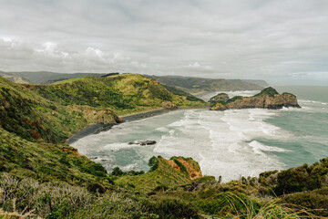 A scenic top-down view of waves crashing against the rugged Tasman Sea shoreline. Te Henga Walkway, O'Neill Bay.tif
