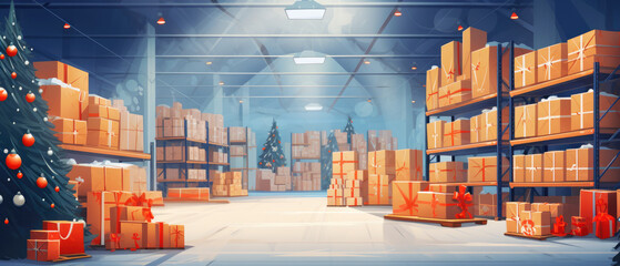 A large Christmas warehouse with numerous items. Rows of shelves with boxes. Logistics. Inventory control, order fulfillment or space optimization - obrazy, fototapety, plakaty