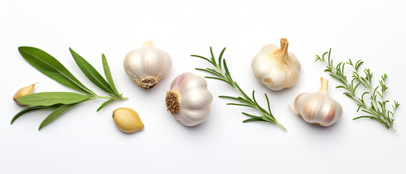 Garlic and herbs isolated on white background top view
