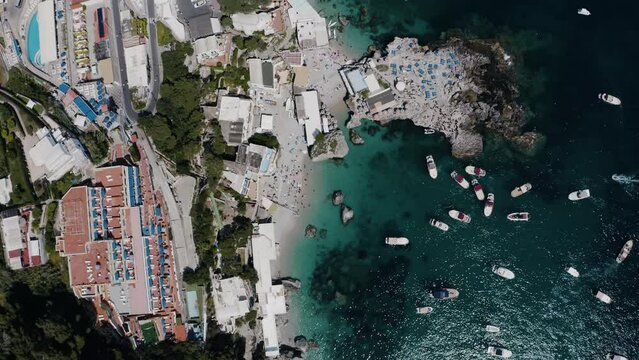 Top down drone shot of Capri, Italy's unique coast line.