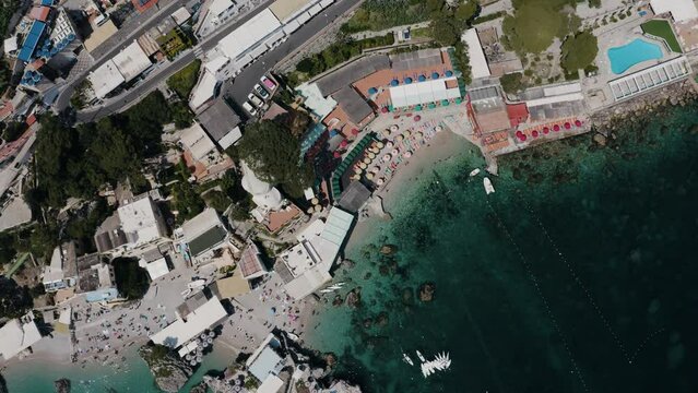 Overhead aerial view of Italy's Marina Piccola on a warm summer day.
