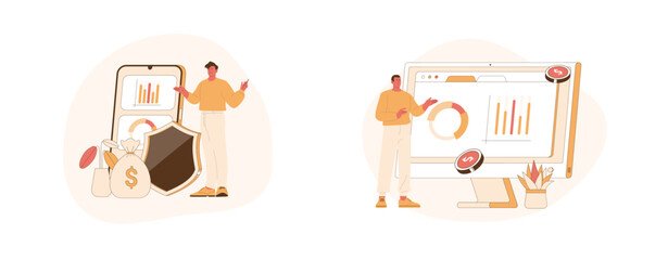 Financial Analysis and Data Analysis. Flat Cartoon Vector Illustration.