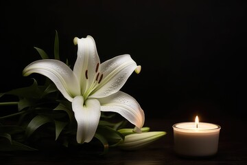 White lily and burning candle. Flower and candle.