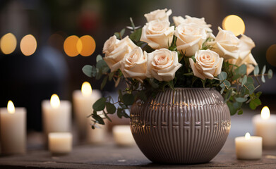 Bouquet of roses in a flower pot. Roses are collected in a vase against a background of burning candles.