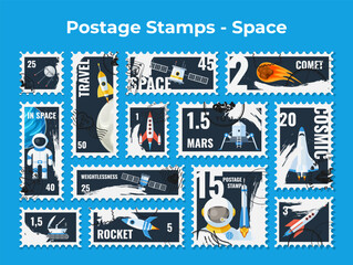 Obraz premium Vintage post mark postage stamp with space cosmos travel comet design template set vector