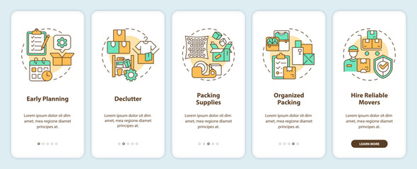 2D icons representing moving service mobile app screen set. Walkthrough 5 steps colorful graphic instructions with thin line icons concept, UI, UX, GUI template.