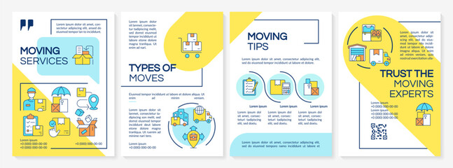 2D colorful moving service brochure template, leaflet design with thin linear icons, 4 vector layouts.