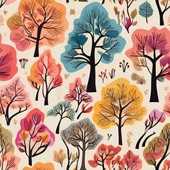 Seamless pattern of colorful plants. Cartoon style. Repeatable image background. Generative AI.