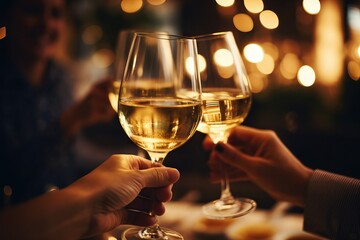 Group of friends toasting white wine at a dinner party in a restaurant