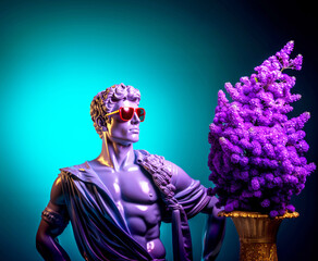 Antique male bust all lilac dressed wearing red sunglasses and standing next to a pot with lilac flowers. Valentine card or banner concept. Generative AI
