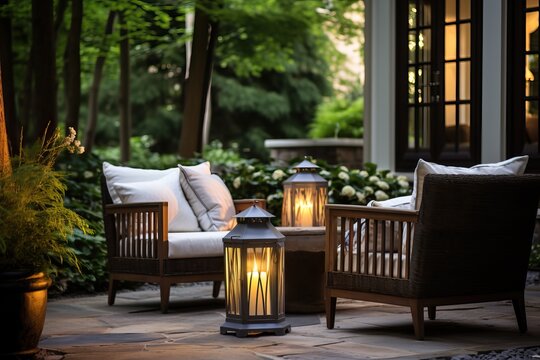 Charming tranquil garden courtyard with comfortable outdoor furniture. Accent Pillows and a relaxing atmosphere