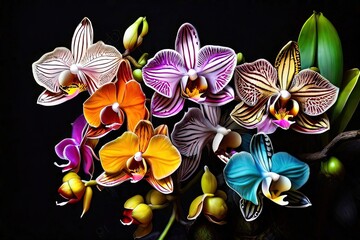 Colorful orchids on a black background. Close up.