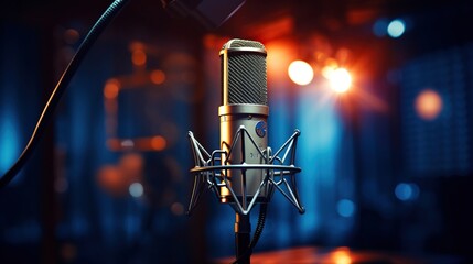 Studio condenser microphone. Microphone on anti-vibration live recording with side view colored light background. microphone record, music business equipment. Generative AI - Powered by Adobe