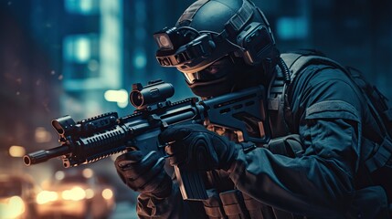 A group of special military police with high-tech guns and weapons works in the night city.