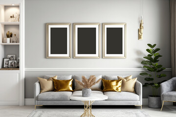Living room interior with three empty frames on the wall, wall frame mockup