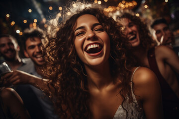 Fototapeta premium group of young cheerful people celebrating new year at a party