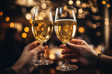 two female hands holding glasses of champagne