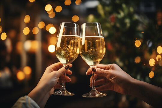 Two Female Hands Holding Glasses Of Champagne