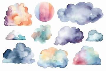 Watercolor Clouds for Baby Girl's Nursery Decor on white background. AI generated