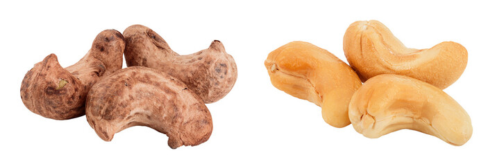 cashew nuts heap with shell isolated on white background