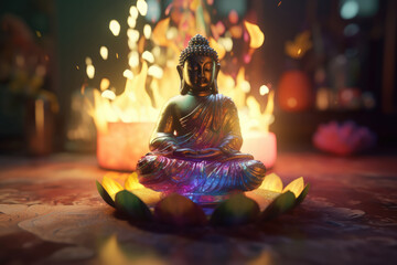 Buddha statuette and candle flame. Buddha Purnima, Vesak day. Buddha figurine on a table - obrazy, fototapety, plakaty