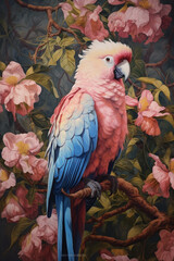 Cockatoo parrot on a branch with pink flowers.