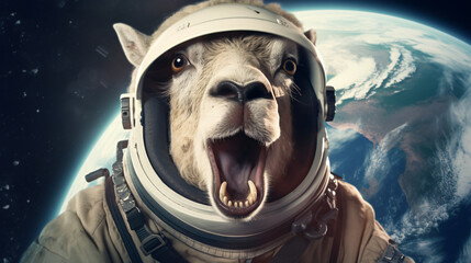 Goat astronaut showing tongue in space on a background
