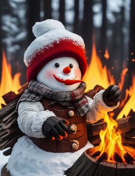 "Closeup view of bornfire with lots of wood in fire and snowman wearing cap and gloves and red nose realistic"