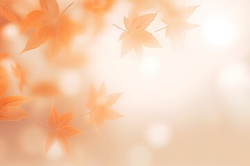 Beautiful autumn background with group of floating maple leaves in orange and yellow on blurred background.