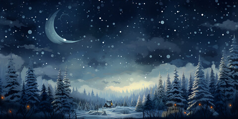 A snowy landscape with a forest and moonlit night stars a snowy mountain in the night chirstmas background - obrazy, fototapety, plakaty