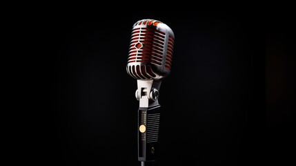 Vintage silver microphone isolated on black background. Retro style microphone. Generative AI