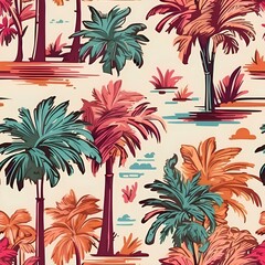 Seamless pattern of reggae coconut palm trees. Cartoon style. Repeatable image background. Generative AI.