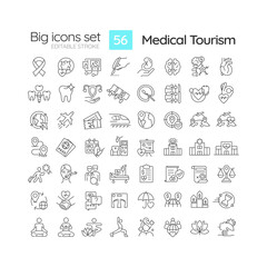2D editable black big thin line icons set representing medical tourism, isolated simple vector, linear illustration.